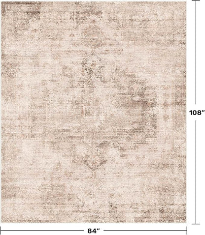 Hazo Haus Neutral Farmhouse Area Rug for Bedroom - 7x9 Washable Rug for Dining Room Table, Ultra-Thin Soft Textured Boho Abstract Indoor Decor, Fade & Stain Resistant
