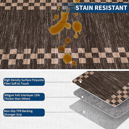 GarveeHome 4x6 Area Rug Small Washable Living Room Rug Scalloped Rug with Rubber Backing Stain Resistant Low Pile Dining Room Throw Carpet Modern Bordered Mat for Bedroom Kitchen, Brown