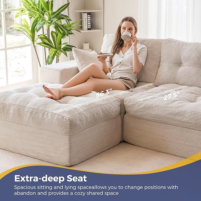 MAXYOYO 104" L Shaped Modular Sectional Sofa with Ottoman, Cloud Boneless Couch with Layered Cushion, Upholstered Sofa Flexible Module Combination for Living Room, No Assembly, Beige