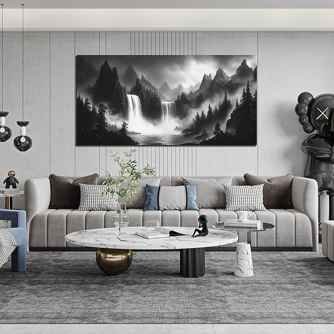 CIRABKY Waterfall Living Room Pictures Wall Decor - Black and White Mountain Wall Art for Bedroom - Large Canvas Wall Art for Office Size 29" x 59"