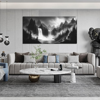 CIRABKY Waterfall Living Room Pictures Wall Decor - Black and White Mountain Wall Art for Bedroom - Large Canvas Wall Art for Office Size 29" x 59"