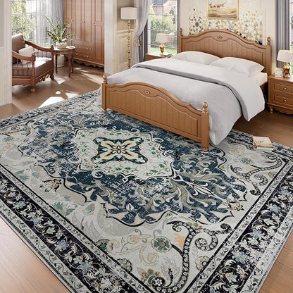 RUSHUFFY 6x9 Washable Area Rugs for Living Room, Non-Slip Boho Vintage Traditional Medallion Print Pattern Carpet for Bedroom Dining Room Farmhouse Nursery Room, Slate Blue & Beige