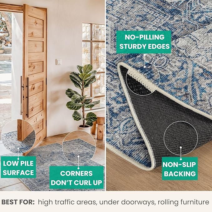 Bloom Rugs Washable Non-Slip 6' x 9' Rug - Blue/Gray Traditional Area Rug for Living Room, Bedroom, Dining Room, and Kitchen - Exact Size: 6' x 9'