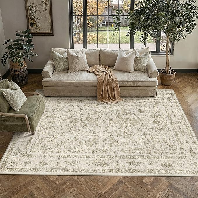 PureCozy Taupe 5x7 Area Rug Vintage Washable Living Room Carpet Non Slip Bedroom Indoor Office Low Pile Traditional Distressed Retro Accent Rug for Dining Room Bathroom Kitchen
