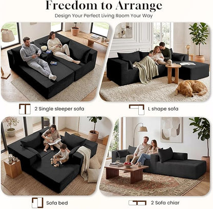 GRUSIGN 106" Oversized Sectional Boneless Sleeper Sofa Bed Couches for Living Room, Modular L Shaped Couch with Left Facing Chaise & Big Ottoman, Compressed Spineless Corduroy Cloud Sofas, Black | Deep Seat