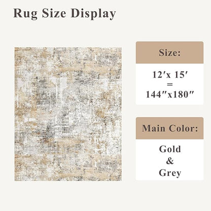 12x15 Area Rug for Living Room – Large Modern Neutral Abstract Thin Washable Carpet, Soft Low Pile Non-Slip Stain-Resistant for Bedroom Dining Room Home Office (Gold Grey)
