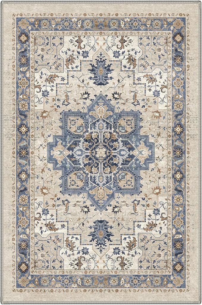 GENIMO 2x6 Runner Rugs for Hallway, Machine Washable Non Slip Vintage Rugs, Low Pile Lightweight Soft Print Carpet for enrtyway, Corridor, Home Office, Kitchen, Blue Cream