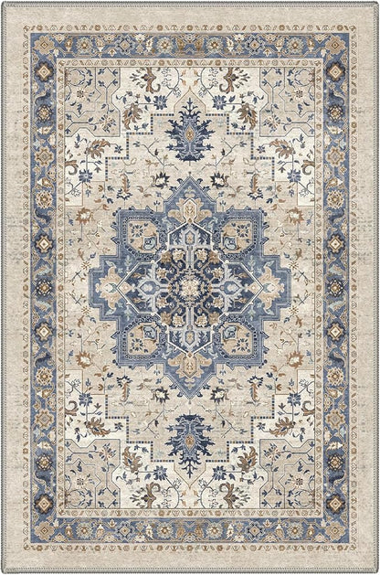 GENIMO 2x6 Runner Rugs for Hallway, Machine Washable Non Slip Vintage Rugs, Low Pile Lightweight Soft Print Carpet for enrtyway, Corridor, Home Office, Kitchen, Blue Cream