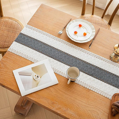 FEXIA Boho Table Runner for Summer Home Decor with Tassels 72 Inches Long Farmhouse Grey Rustic Burlap Table Runner Macrame Table Decoration for Kitchen Bedroom Living Room (12x72 Inches)