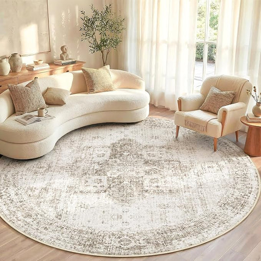 Round Rugs 6ft Washable Rug, Vintage Boho Medallion Rugs Non-Slip Soft Low Pile Circle Distressed Rug Indoor Retro Carpet for Living Room Bedroom Dining Room Home Office (Taupe, 6' Round)