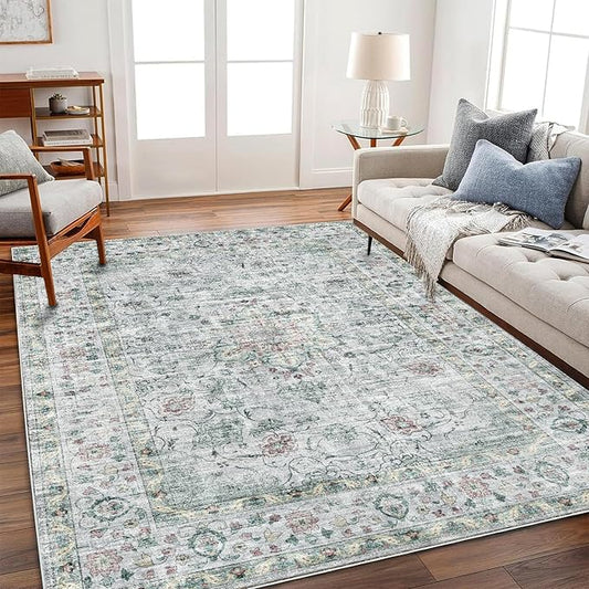 CHAMPLANT Area Rug 6'x9' Washable Vintage Traditional Floor Cover Thin Retro Kitchen Indoor Distressed Non Slip Carpet for Living Room Bedroom Dining Room