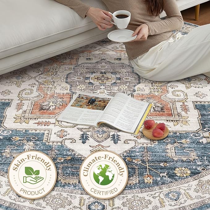 8x8 Round Area Rugs Washable Vintage - Soft Traditional Rugs for Living Room Large Non Slip Backing with Low Pile Farmhouse Oriental Retro Carpet for Bedroom Dining Room or Home Office - Blue