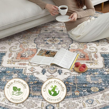 8x8 Round Area Rugs Washable Vintage - Soft Traditional Rugs for Living Room Large Non Slip Backing with Low Pile Farmhouse Oriental Retro Carpet for Bedroom Dining Room or Home Office - Blue