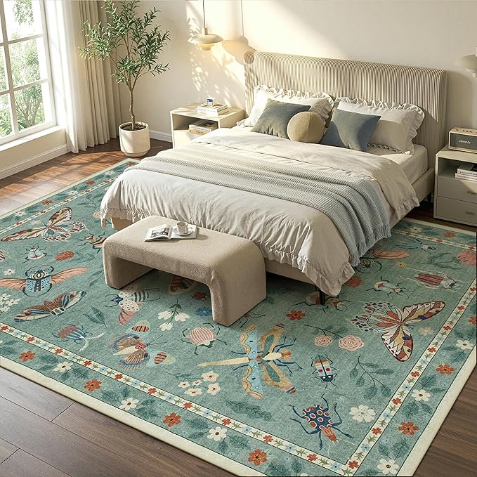 Lahome Insect 9x12 Area Rugs for Living Room Bedroom, Soft Washable Rugs 9x12 Stain Resistant, Ultra-Thin Non-Slip Non-Shedding Accent Carpet for Dining Room Office Vionnet, Green