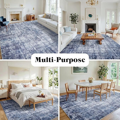 9x12 Area Rugs for Living Room Washable Rug: Anti-Skid Abstract Modern Living Room Rug Soft Thin Carpets Indoor Floor Non-Shedding Carpet for Bedroom Dining Farmhouse Nursery Navy Light Gray