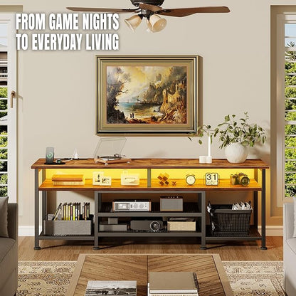Korfile TV Stand for 60/65/70 inch TV,63 InEntertainment Center with LED Lights and Power Outlets, TV Console Table with Open Shelves for Living Room and Bedroom, Rustic Brown