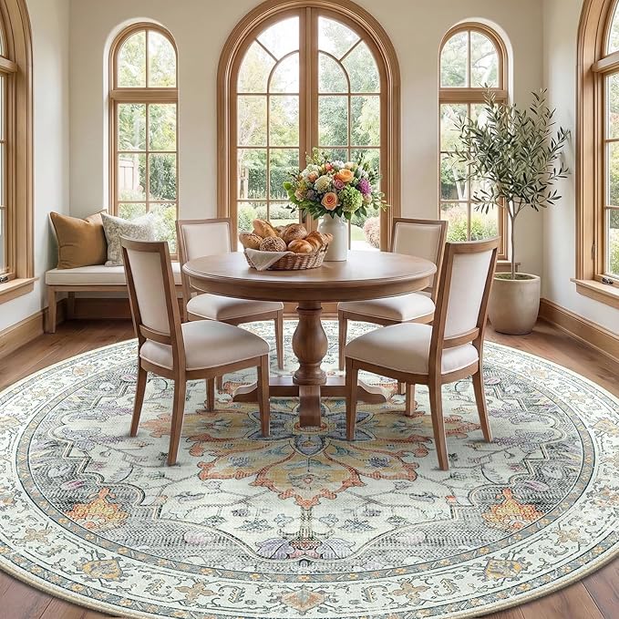 RELEANY Area Rugs Round 8ft Washable Non-Slip, Floral Vintage Distress Print Pattern Medallion Carpet for Living Room Bedroom Dining Room, Light Yellow Carbon Grey Orange
