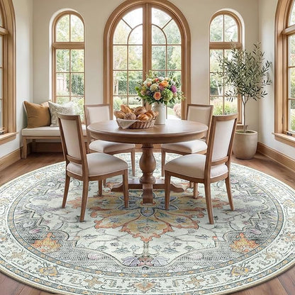 RELEANY Area Rugs Round 8ft Washable Non-Slip, Floral Vintage Distress Print Pattern Medallion Carpet for Living Room Bedroom Dining Room, Light Yellow Carbon Grey Orange