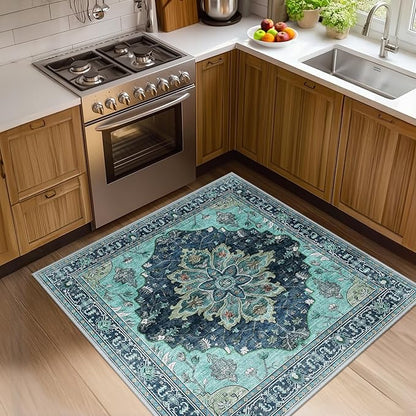 RELEANY Area Rugs Square 4ft Washable Non-Slip, Floral Vintage Distress Print Pattern Medallion Carpet for Living Room Bedroom Dining Room, Teal Green Lake Blue Turquoise