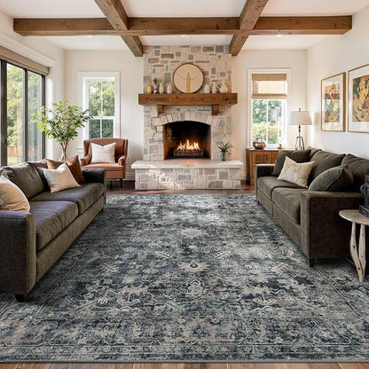 Rugxara 9x12 Area Rugs for Living Room Bedroom, Large Washable Rug, Blue Vintage Retro Boho Rug, Non Slip & Low Pile Faux Wool Thin Carpet for Indoor Dining Room and Kids Room(Blue 9x12ft)