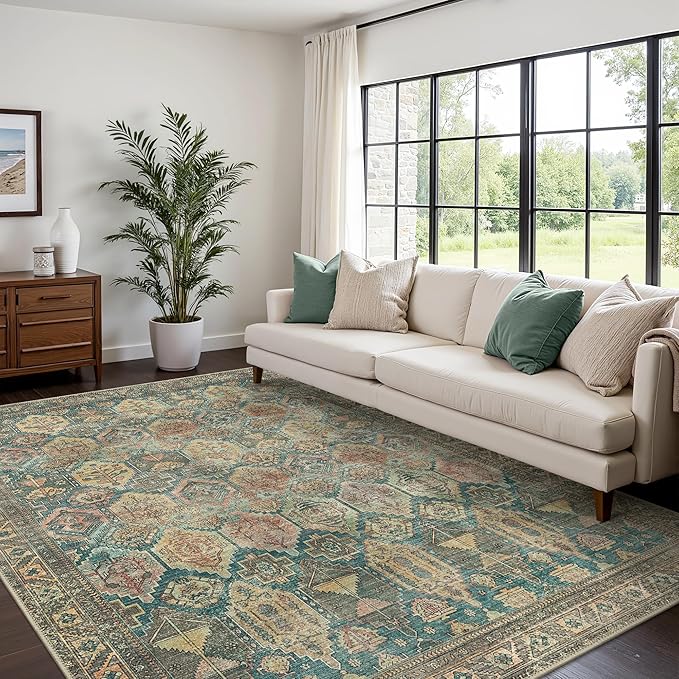 Bavni Washable Rug 8x10 Area Rug for Living Room Bedroom Dining, Washable Vintage Print Carpet, Ultra-Thin Low Pile Lightweight Rug with Non Slip Backing, Multi Green