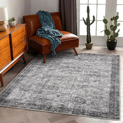 CHAMPLANT Washable Area Rug 4'x6' Traditional Floor Cover Foldable Thin Rugs Retro Kitchen Indoor Distressed Non Slip Carpet Floral Print Mat Bedroom Living Room