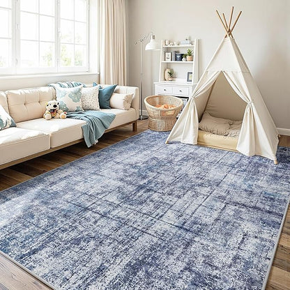 9x12 Area Rugs for Living Room Washable Rug: Anti-Skid Abstract Modern Living Room Rug Soft Thin Carpets Indoor Floor Non-Shedding Carpet for Bedroom Dining Farmhouse Nursery Navy Light Gray