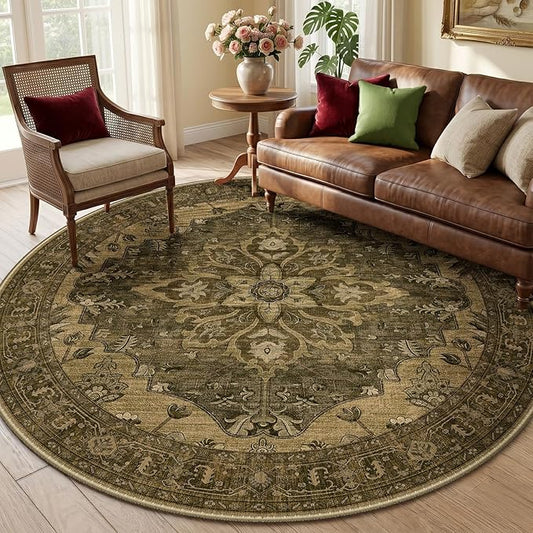 RELEANY Area Rugs Round 6ft Washable Non-Slip, Floral Vintage Distress Print Pattern Medallion Carpet for Living Room Bedroom Dining Room, Brown Dark Brown