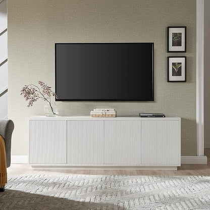 Henn&Hart Fluted TV Stand for TVs up to 75" with 2 Concealed Ribbed Storage Cabinets and Adjustable Shelves for Living Room, Family Room, or Office, Cloud White