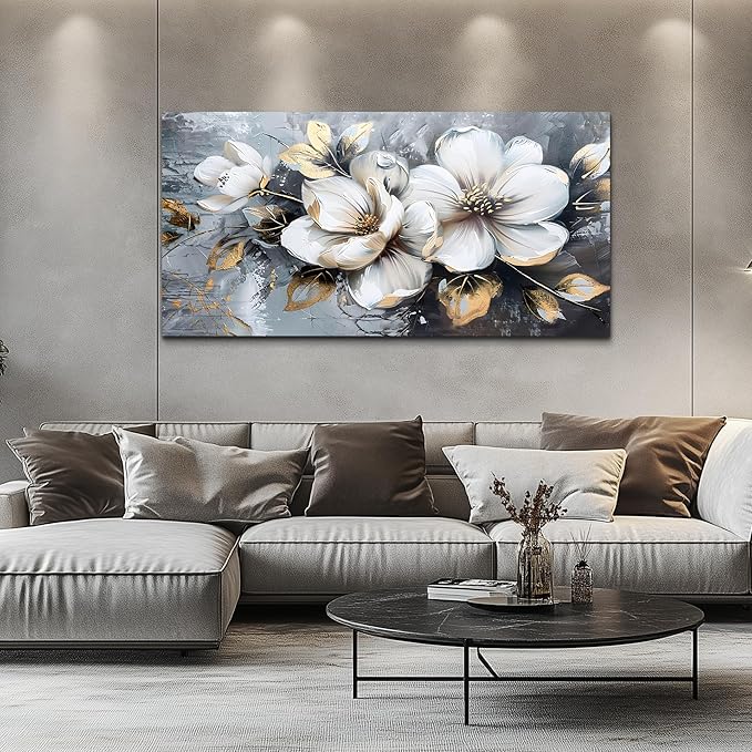KELIYUAN Large Canvas Wall Art For Bedroom Wall Decor For Living Room Office Decorations Abstract White Flowers Paintings Pictures Artwork Modern Framed Posters Home Decor Ready To Hang 24"x48"