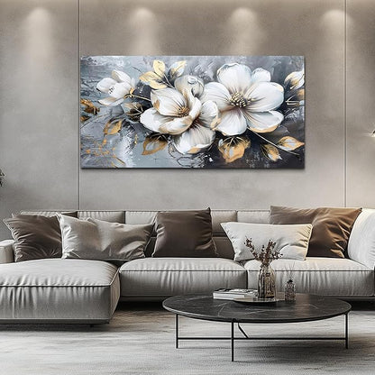 KELIYUAN Large Canvas Wall Art For Bedroom Wall Decor For Living Room Office Decorations Abstract White Flowers Paintings Pictures Artwork Modern Framed Posters Home Decor Ready To Hang 24"x48"