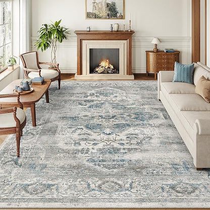 9x12 Area Rugs for Living Room, Machine Washable Non Slip Vintage Rug, Non-Slip Stain Resistant, Large Soft Home Decor Rug for Bedroom Dining Room (Blue/Grey,9'x12')