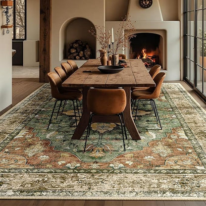 RELEANY Area Rugs 10'x12' Washable Non-Slip, Floral Vintage Distress Print Pattern Medallion Carpet for Living Room Bedroom Dining Room, Brick Red Rust Neutral Brown Burnt Orange Green