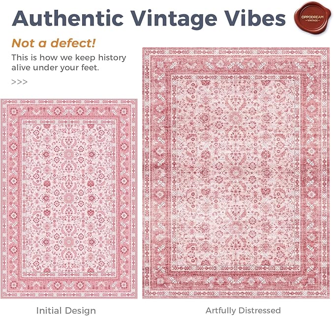 OPPODREAM Vintage Pink Round Rug 8ft, 8 ft Retro Washable Circle Rug Non Slip, Low-Pile Faux Wool Circular Carpet, Distressed Floor Mat for Living Room, Bedroom, Office, Dorm, Dinning Room