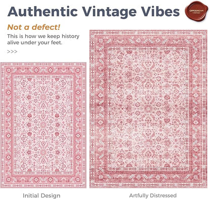 OPPODREAM Vintage Pink Area Rugs 6x9, 6 x 9 Retro Washable Rug Non Slip, Low-Pile Faux Wool Carpet, Distressed Floor Mat for Living Room, Bedroom, Kitchen, Office, Dorm, Dinning Room