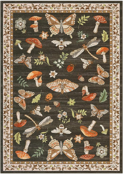 ROYHOME Mushroom Washable Rug 9x12 Area Rugs for Living Room, Insect Print Rug for Bedroom, Non Slip Throw Rugs with Rubber Back, Soft Low Pile Dining Room Under Table, Brown