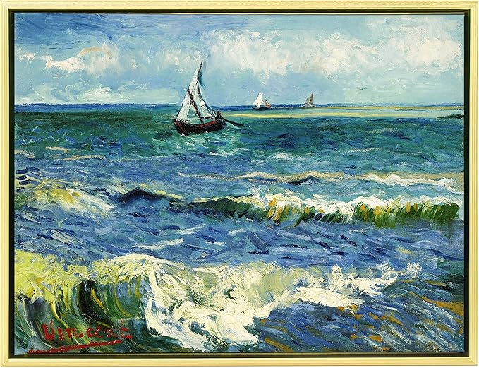 Wieco Art Framed Canvas Wall Art Seascape at Saintes Maries by Vincent Van Gogh Modern Canvas Prints Sea Pictures on Canvas Art for Living Room Home Decorations Gold Frame