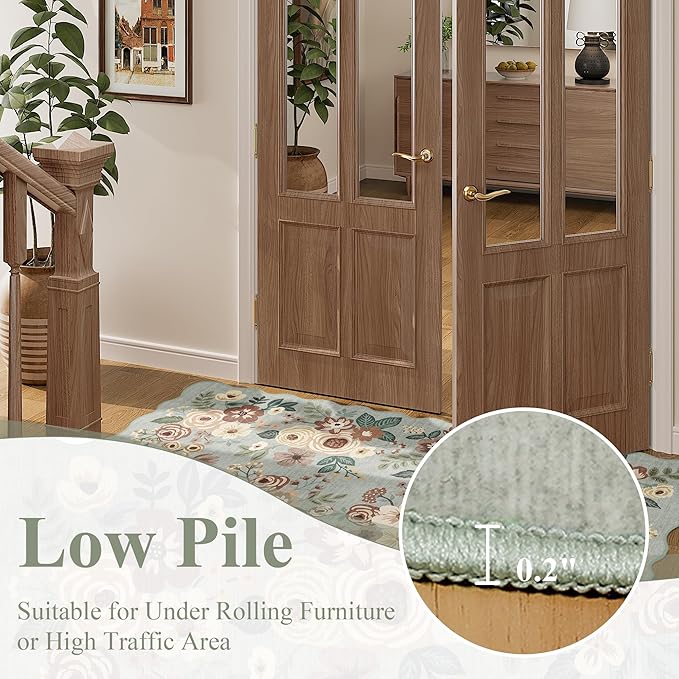 DUKINO 2.6x8 Runner Rug for Hallway, Washable Kitchen Rug with Non Slip Backing & Non-Shediing, Soft Low Pile Floral Design Runner for Bedroom, Kithchen, Living Room, Laundry, Bathroom, Sage Green