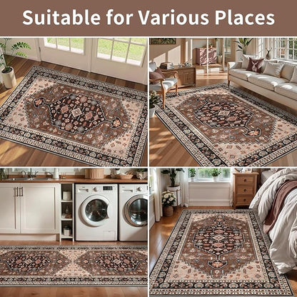 Tangsoo 2.6x10 Runner Rug for Hallways,Washable Non Slip Vintage Kitchen Runner Rug,Boho Red Blue Soft Print Distressed Low Pile Long Floor Carpet for Bedroom Bathroom Laundry Room