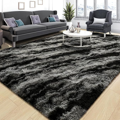Tepook Fluffy Large Rugs for Living Room, Shag Area Rug 6x9 Soft Carpet for Bedroom, Modern Shaggy Rug for Kids Boys Girls, Plush Indoor Nursery Home Decor Rug with Non-Slip Bottom, Black Grey