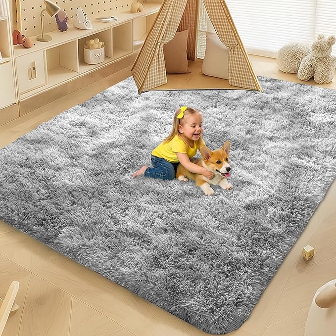 8x10 Area Rugs Living Room, Large Plush Fluffy Bedroom Carpet, Non-Slip Upgraded Indoor Thick Soft Rug, Modern Plush Carpet Suitable for Kids Home Decor Aesthetics Dorm, Dark Grey.