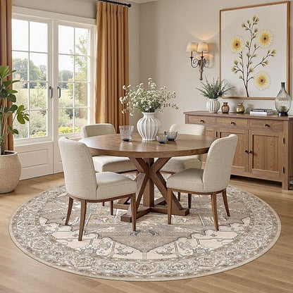 8ft Round Rug for Living Room: 8x8 Washable Vintage Brown Area Rug, Large Non Slip Soft Stain Resistant Indoor Floor Carpet for Bedroom Dining Decor Home Office Kid & Pet Friendly