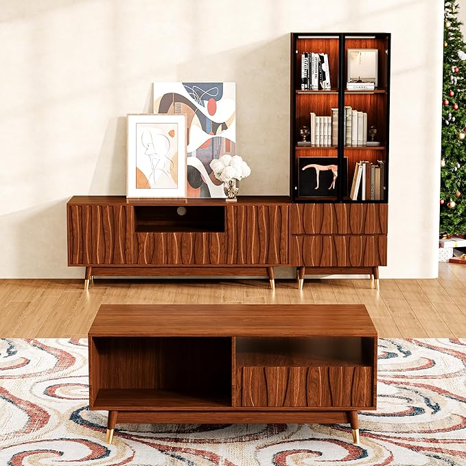 78.7" Walnut Finish Entertainment Center for 32/43/55 inch TV, Included 55.1'' TV Stand, Glass Display Cabinet and Coffee Table, 3-Piece Brown Mid Century Modern Wood Media Console for Living Room