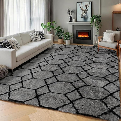 ONASAR Area Rugs for Bedroom Living Room, Fluffy 4x6 Grey and Black Bedside Rug for Nursery Kids Teen Dorm, Soft Shaggy Geometric Plush Fuzzy Indoor Floor Carpet for Home Decor Aesthetic
