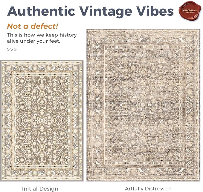 OPPODREAM Vintage Beige 2x12 Runner Rug, 2 x 12 Retro Washable Rug Non Slip, Low-Pile Faux Wool Carpet, Distressed Tan Floor Mat for Kitchen, Hallway, Entry-Way, Entrance, Indoor Back Door