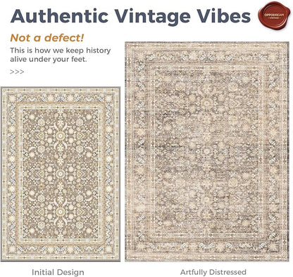 OPPODREAM Vintage Beige Area Rugs 10x14, 10 x 14 Retro Washable Rug Non Slip, Low-Pile Faux Wool Carpet, Distressed Tan Floor Mat for Living Room, Bedroom, Office, Dorm, Dinning Room, Big & Large
