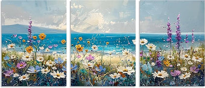 TutuBeer 3 Pcs Boho Beach Coastal Vintage Floral Wall Picture Rustic Wildflower Field Vintage Wall Art Canvas Prints Daisy Flowers Sea Canvas Print Farmhouse Wall Art for Home Wall Decor 12x16inchx3
