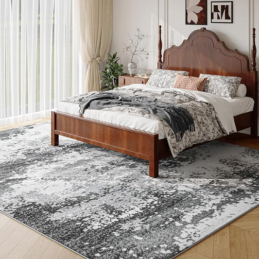 Washable Rug 9x12 Area Rugs for Living Room Bedroom Carpet, Grey Indoor Vintage Abstract Boho Large Rug Non Slip Faux Wool Rugs for Dorm, Dining Room Table, Nursery, Kids Playroom, Gray