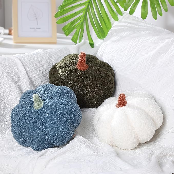 Namalu 3 Pcs Thanksgiving Pumpkin Pillows 3D Throw Cushion Soft Sofa Pillows Stuffed Pumpkin Decoration for Fall Winter Living Room Home Christmas Thank You Gifts(7.87 Inch,White, Green, Blue)