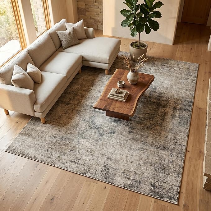 Taupe Brown 7x9 Vintage Rug for Living Room, Modern Abstract Taupe Earthy Dining Room Rugs for Under Table, Washable Non Slip Foldable High Traffic Area Carpet